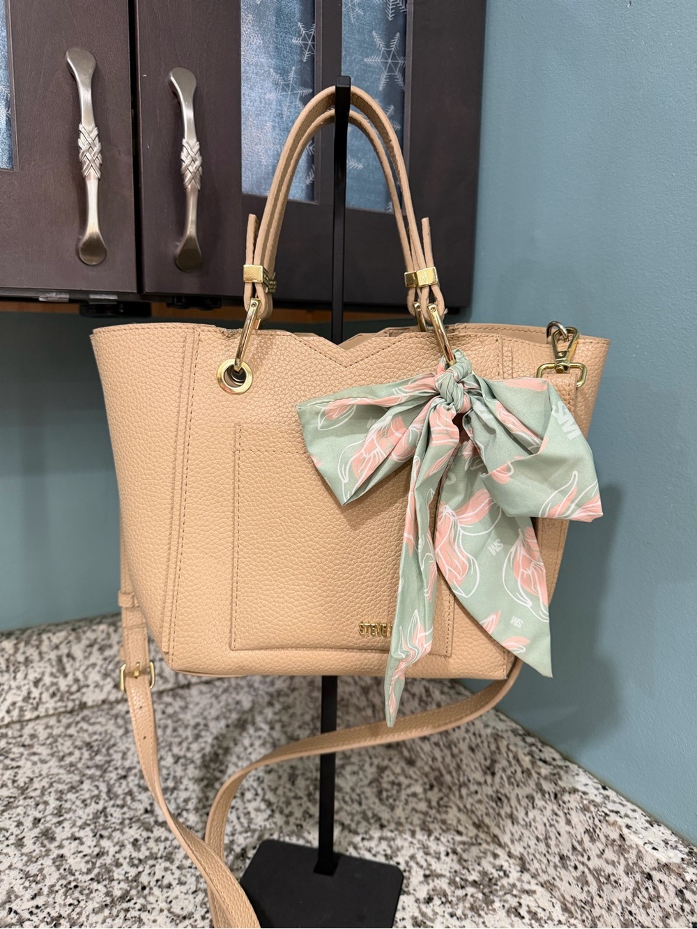 Steve Madden Beige Pebbled Shoulder Tote with Mint Scarf Accent